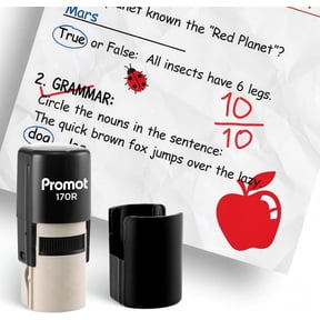 Promot Self-Inking Stamp for Teacher - Round Stamp for Grading & Feedback (Red Apple)