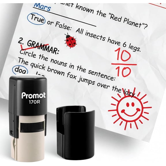 Promot Self-Inking Stamp for Teacher - Round Stamp for Grading & Feedback (Smiley Sun Red)