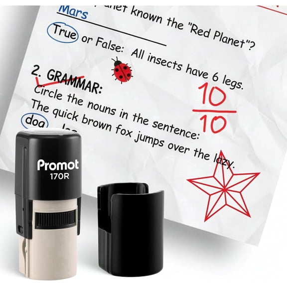 Promot Self-Inking Stamp for Teacher - Round Stamp for Grading & Feedback (Star Outline Red)