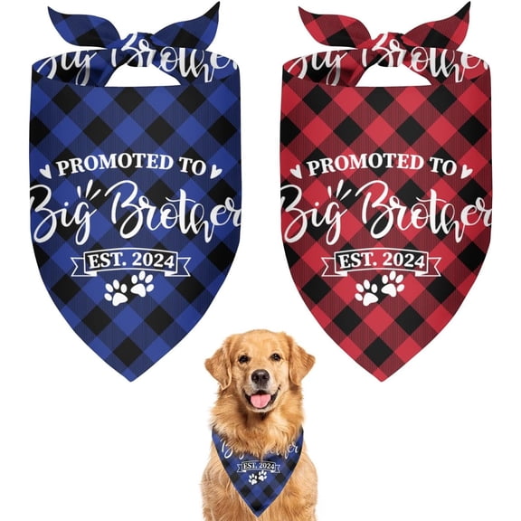 Promoted to Big Brother Dog Bandana 2 Pack Plaid Dog Bandana Triangle Pet Dog Scarf Pregnancy Announcement Dog Bandana Gender Reveal Dog Outfit Gift for Dog Lover Owner (Blue,Red) Large