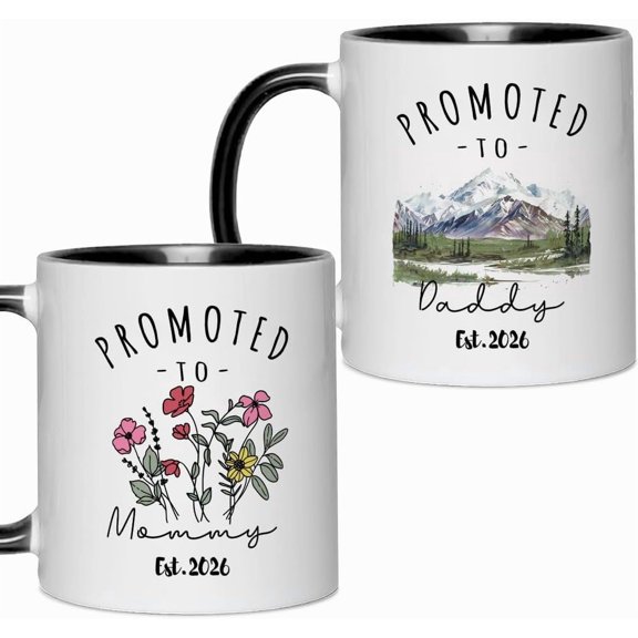 Promoted To Daddy Mommy 2026 Mugs, New Parents Gifts First Time 2026, Pregnancy Announcement Mug Set, Baby Announcement Gifts For Dad Mom Est 2026 Tea Cup 11 OZ