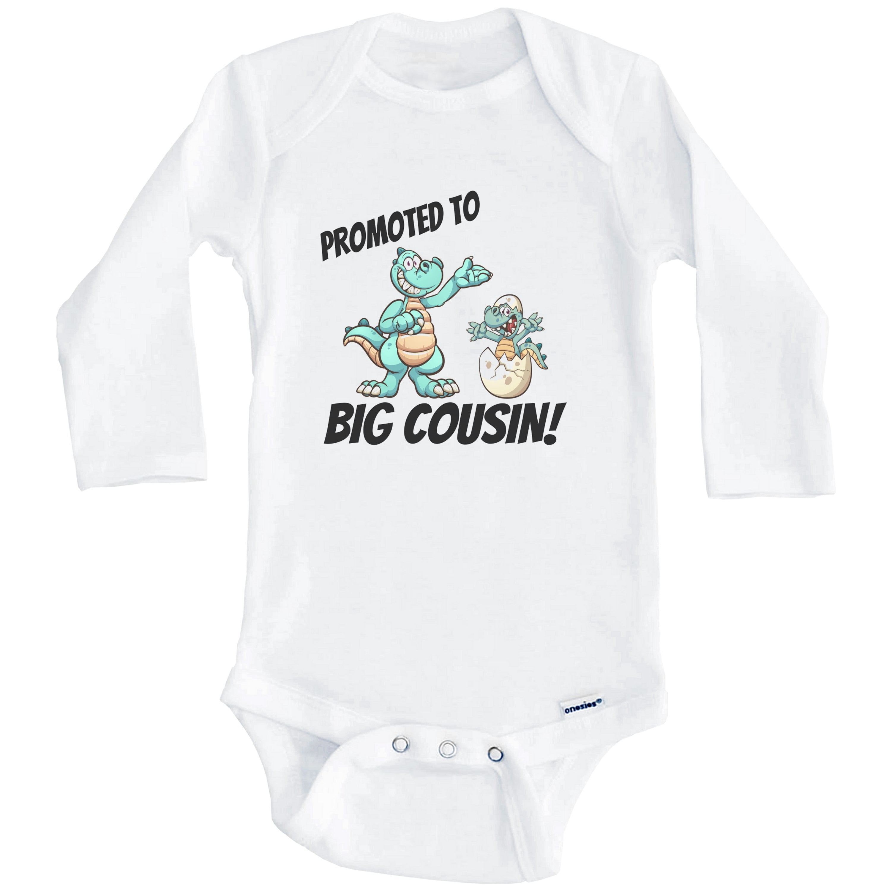 Promoted To Big Cousin New Baby Announcement Dinosaur Baby Bodysuit - One Piece Baby Bodysuit (Long Sleeve), 3-6 Months White