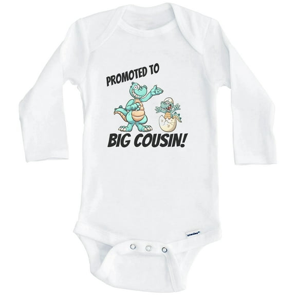 Promoted To Big Cousin New Baby Announcement Dinosaur Baby Bodysuit - One Piece Baby Bodysuit (Long Sleeve), 3-6 Months White