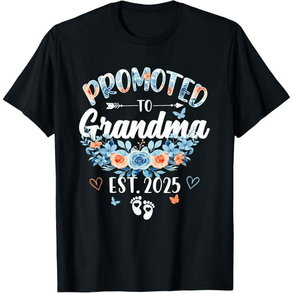 Promoted To Grandma Est 2025 Floral Pregnancy Announcement T-Shirt