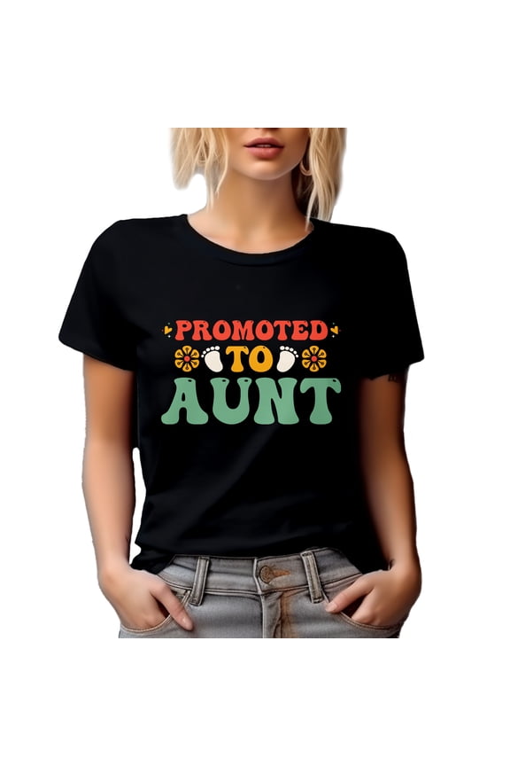 Promoted to Aunt, Baby Shower Party, New Auntie, Retro Groovy Text, Black T-Shirt, Small