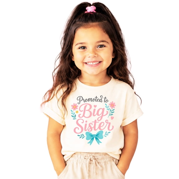 Promoted to Big Sister Shirt Girls Floral Bow Sibling Reveal Tee, Natural Shirt, 4T