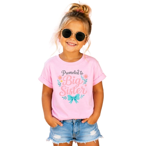 Promoted to Big Sister Shirt Girls Floral Bow Sibling Reveal Tee, Pink Shirt, 4T