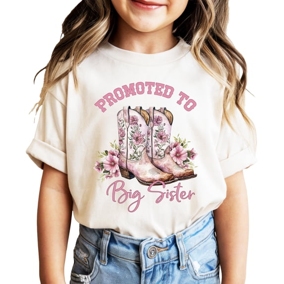 Promoted to Big Sister Shirt for Girls Pink Western Cowgirl Boots Floral Cute Sibling Tee Natural Shirt Youth Small