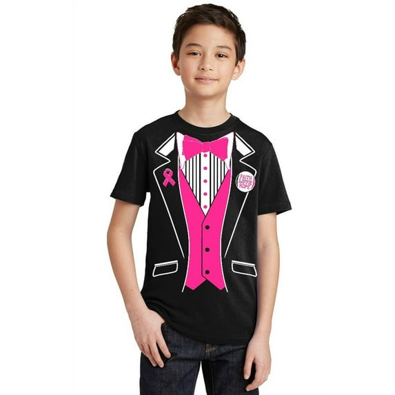 Promotion & Beyond Pink Tuxedo Breast Cancer Awareness Youth T-shirt, Youth S, Black