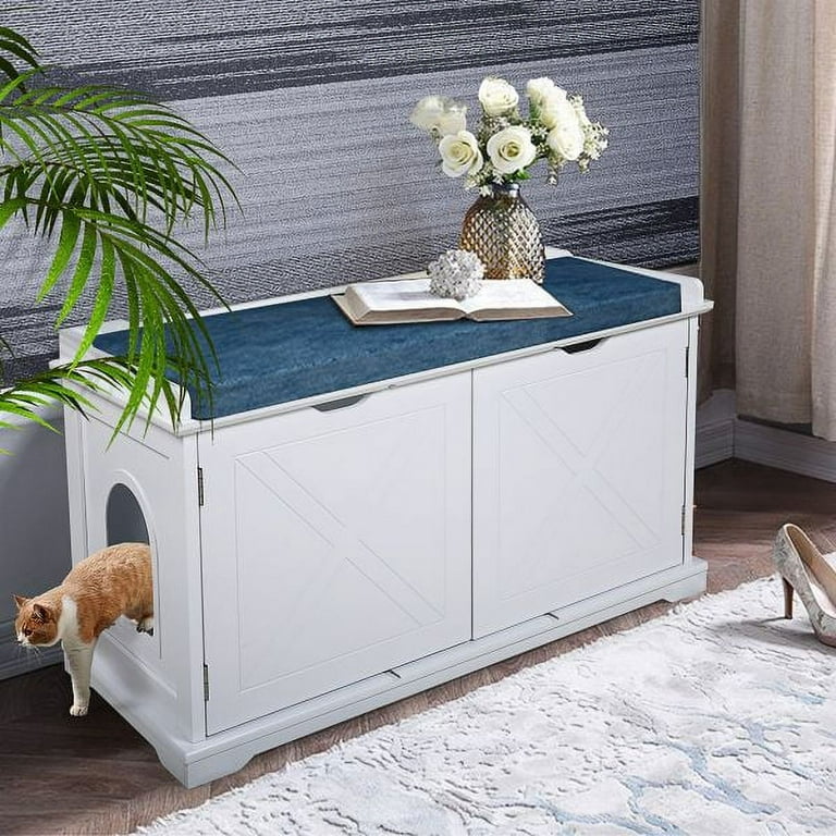Promotion!Cat Washroom Bench, Wood Litter Box Cover with Spacious