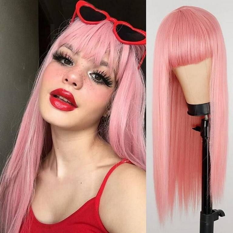 Promotion Clearance 25 Inch Long Straight Wig with Bangs Hair Soft Natural Color Chemical Fiber Hair Headgear for Women Pink Walmart