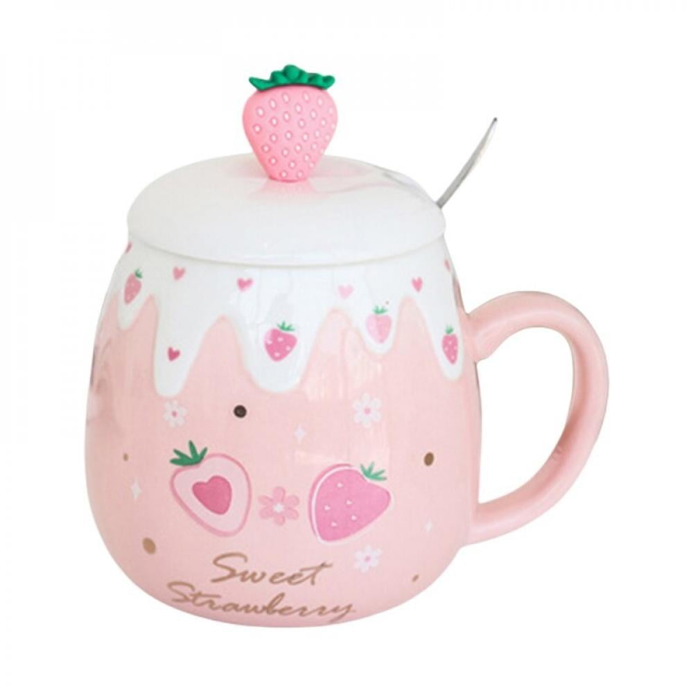 TEIKKIOP Cute Strawberry Coffee Mug with Red Handle for Women Girl Reusable  Flat Bottom Ceramic Tea Cups (12 Oz)
