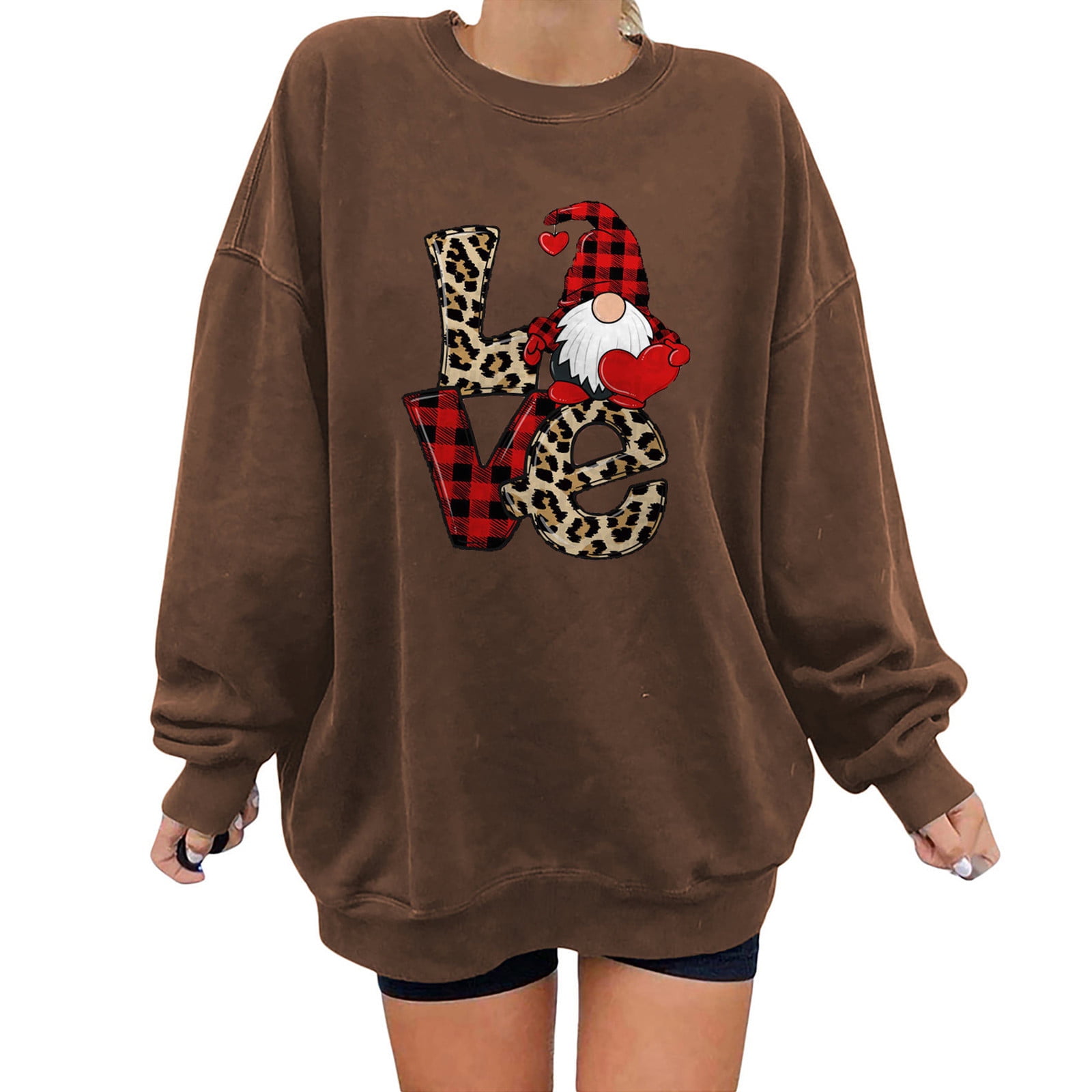 Women Plus Size Graphic Letter and Leopard Print Round Neck Long-sleeve Tee