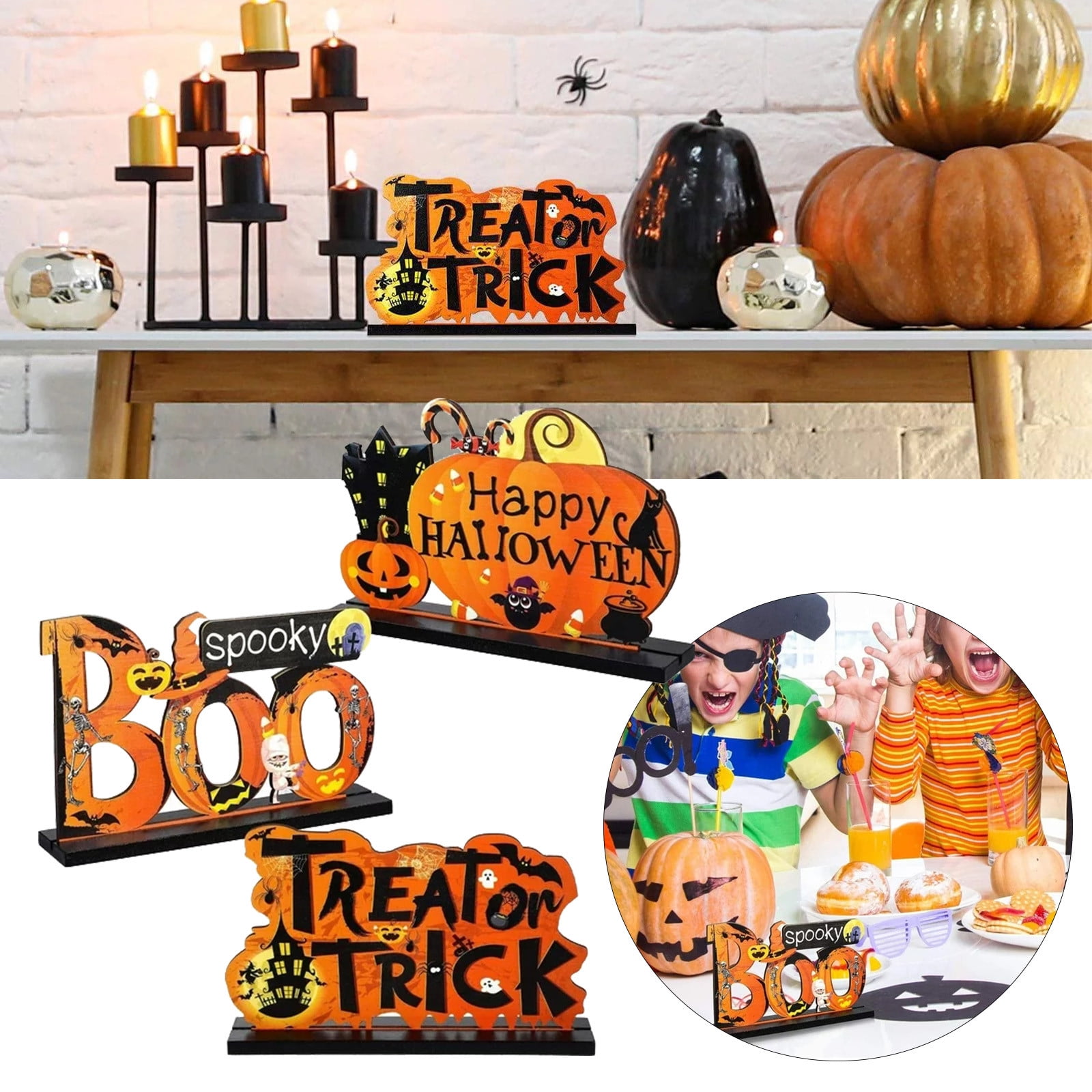 Promotion Sale! 3Pcs Happy Halloween Table Wooden Decorations Pumpkin