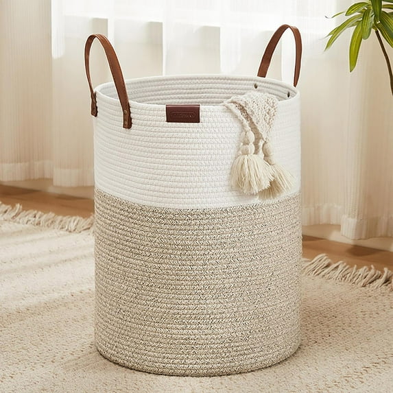 Promotion Sale! Laundry Basket Cotton Rope Laundry Hamper Woven Laundry Basket Clothes Storage Basket for Blankets Laundry Room Organizing Bedroom Storage Clothes Hamper – White & Brown