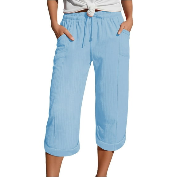 ManxiVoo Women Lightweight Linen Pants 3/4 Length Breathable Comfort Fit Casual Summer Trousers With Pockets M Size Sky Blue