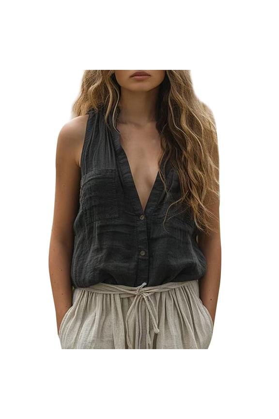 Promotion Sale! Women Spring V Neck Pocket Sleeveless Cotton Linen Casual Vest XXXL Size Black
