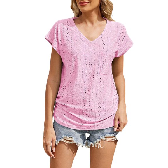 Promotion Sale! Women V Neck Pocket Short Sleeve Loose Fit Breathable Casual Tee Top S Size Pink