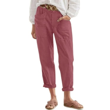 Promotion Sale! Women's Cotton Linen High Waist Wide Leg Ankle Pants Casual Lounge Comfortable Stretchy Breathable Summer Loose Fit Straight Leg Pants with Pockets Pink M Size