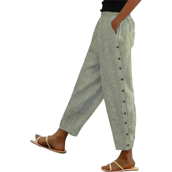 Promotion Sale! Women's High Waist Striped Pants Ankle Length Trousers Casual Chic Button Down Summer Comfortable Lightweight Office Wear Green L Size