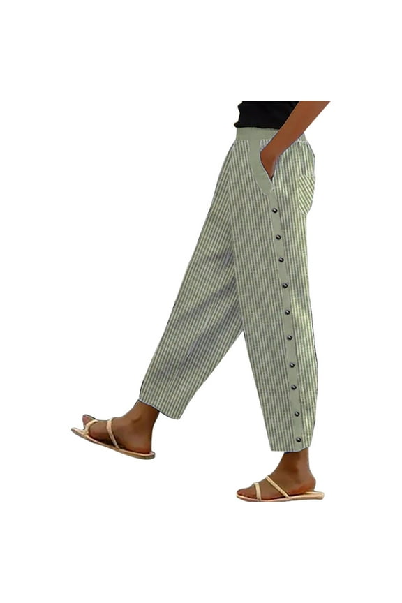 Promotion Sale! Women's High Waist Striped Pants Ankle Length Trousers Casual Chic Button Down Summer Comfortable Lightweight Office Wear Green M Size