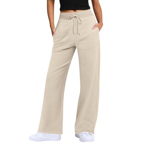 Promotion Sale! Women's High Waist Wide Leg Pants Lightweight Breathable Loose Fit Comfort Stretchy Waistband With Drawstring Casual Office Work Trousers For Daily Wear Beige M Size