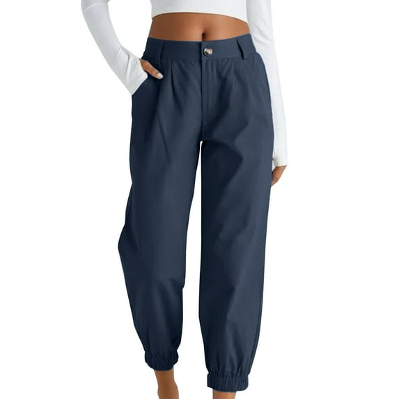 Promotion Sale! Women's High Waisted Joggers Ankle Length Zipper Pockets Casual Pants Loungewear Workout Pants Comfortable Stretchy Fit Dark Blue XL Size