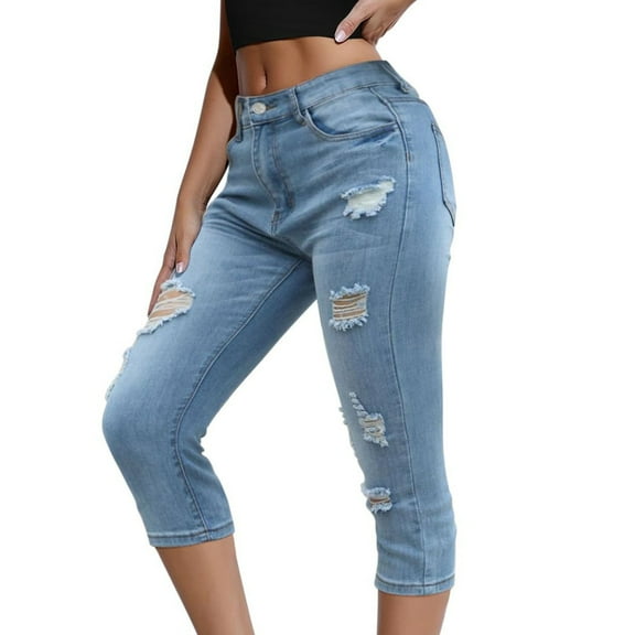 Promotion Sale! Women's Ripped Capri Jeans High Waisted Distressed Jeans Skinny Denim Pants Blue XS Size