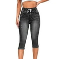 thumbnail image 1 of Promotion Sale! Women's Ripped Capri Jeans High Waisted Skinny Fit Stretch Denim Pants With Drawstring Black L Size, 1 of 8