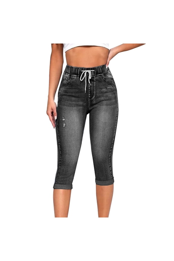 Promotion Sale! Women's Ripped Capri Jeans High Waisted Skinny Fit Stretch Denim Pants With Drawstring Black L Size