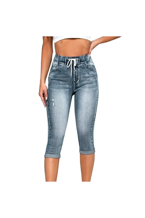 Promotion Sale! Women's Ripped Capri Jeans High Waisted Skinny Fit Stretch Denim Pants With Drawstring Navy XL Size
