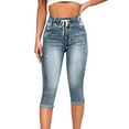 thumbnail image 1 of Promotion Sale! Women's Ripped Capri Jeans High Waisted Skinny Fit Stretch Denim Pants With Drawstring Navy XXL Size, 1 of 8