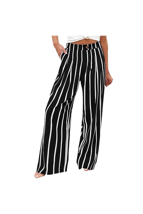 Promotion Sale! Womens High Waist Striped Pants Summer Casual Wide Leg Loose Fit Pants Fashion Trend Beachwear With Pockets Black S Size
