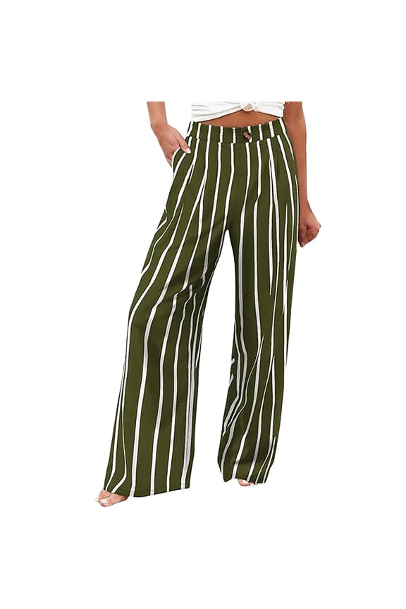 Promotion Sale! Womens High Waist Striped Pants Summer Casual Wide Leg Loose Fit Pants Fashion Trend Beachwear With Pockets Green S Size