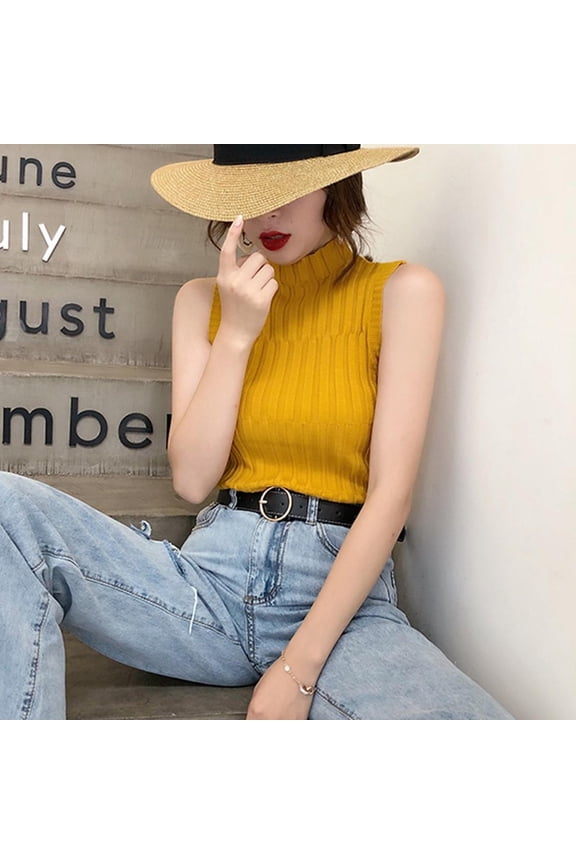 Promotion！Womens Mock Layer Sleeveless Mock Layer Tee Top Knit Top Ribbed Knit Sleeveless T Shirt Cap