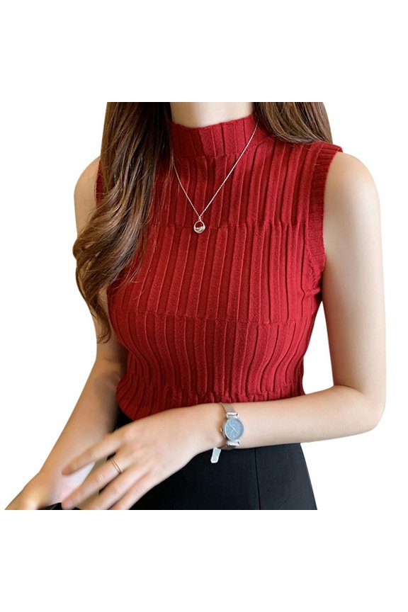 Promotion！Womens Sleeveless Mock Layer Tee Top Knit Top Ribbed Knit Sleeveless T Shirt Cap