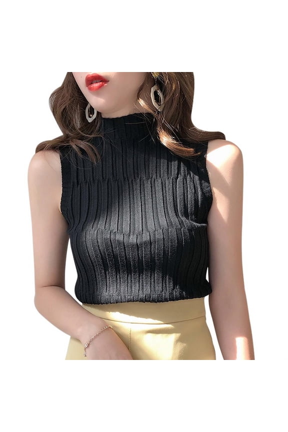 Promotion！Womens Sleeveless Mock Layer Tee Top Knit Top Ribbed Knit Sleeveless T Shirt Cap