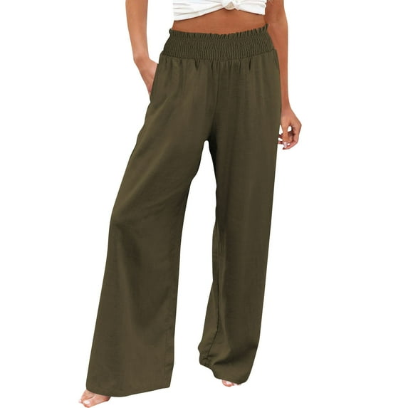 Promotion sales! Premium Cotton Linen Wide Leg Pants High Waisted Palazzo Style Ultra Soft Elastic Waist Trousers With Pockets For Casual Beach & Travel Wear Green M Size