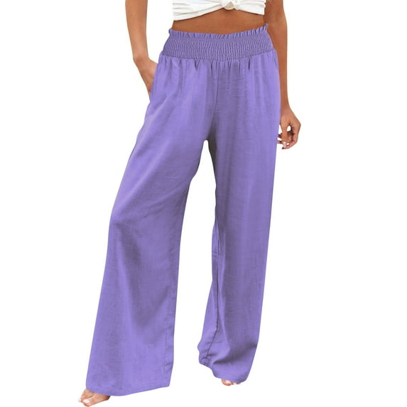 Promotion sales! Premium Cotton Linen Wide Leg Pants High Waisted Palazzo Style Ultra Soft Elastic Waist Trousers With Pockets For Casual Beach & Travel Wear Purple M Size