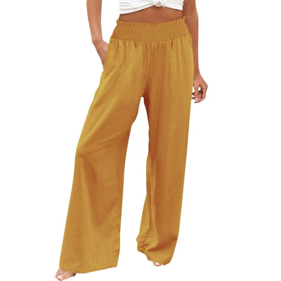 Promotion sales! Premium Cotton Linen Wide Leg Pants High Waisted Palazzo Style Ultra Soft Elastic Waist Trousers With Pockets For Casual Beach & Travel Wear Yellow XL Size
