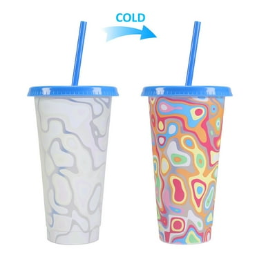 Color Changing Cups 24 Oz Plastic Cups with Lids and Strawsreusable Cups for Adults Kids Party Cute Cups for Ice Drink/Temperature Sensitive Plastic Straw Psychedelic Color Changing Cup Blue