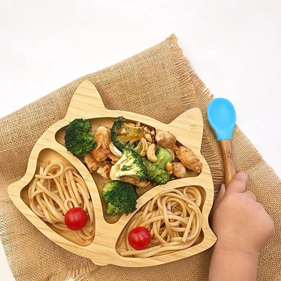 Off Promotions! Ynlkorvg Stainless Steel Bowl Children'S Fox Pattern Bamboo Plate Dinner Plate Silicone Tableware with Suction Cup Silicone Spoon Set Blue, Kitchen Essentials Clearance Sale Blue
