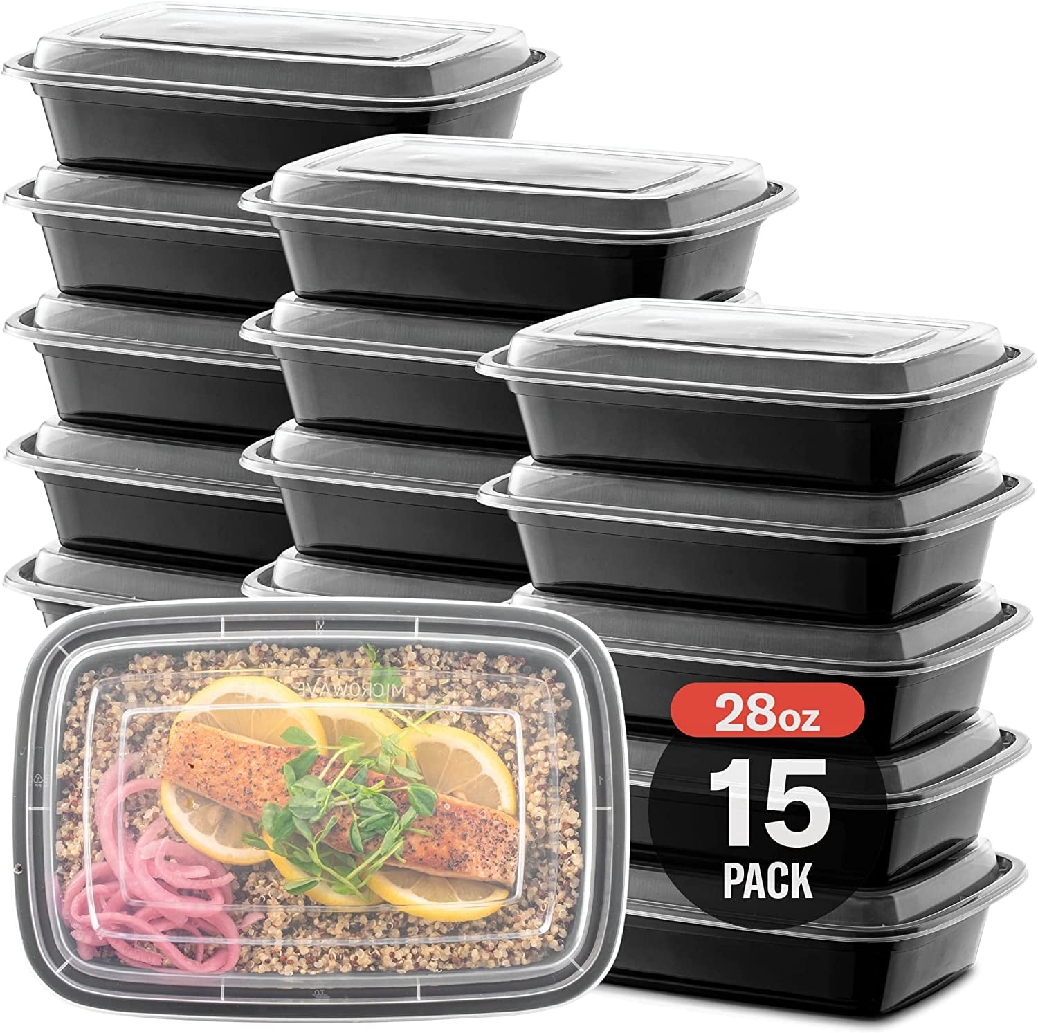 FULING 32 oz 50Pack Plastic Meal Prep Food Storage Containers with Lids  Reusable 1 Compartment To Go Lunch Box Black Extra Large &Thick Microwave
