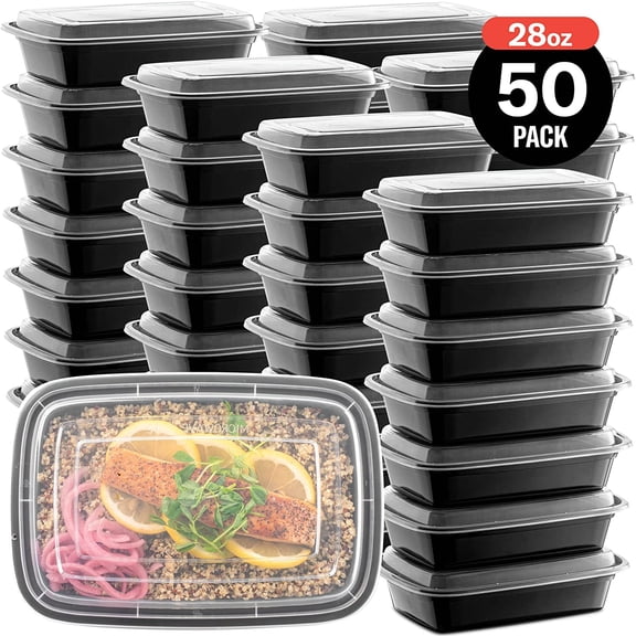 Promoze 50-Pack Meal Prep Plastic Microwavable Food Storage Containers with Lids 28 oz. 1 Compartment Black Rectangular Reusable Lunch Boxes