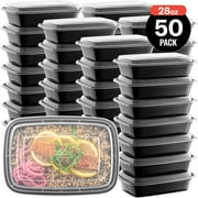 Promoze 50-Pack Meal Prep Plastic Microwavable Food Storage Containers with Lids 28 oz. 1 Compartment Black Rectangular Reusable Lunch Boxes