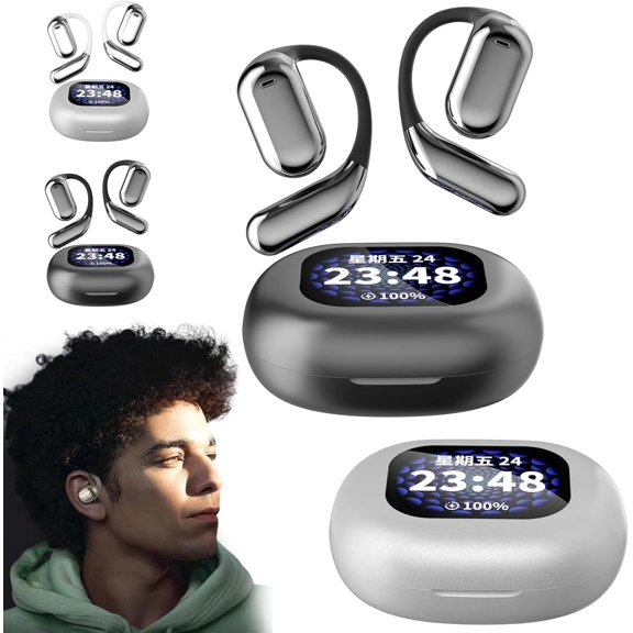 Promptanda Open Ear Bluetooth 5.4 Earbuds - IPX5 Waterproof, LED Display, Lightweight Zero-Pressure Fit for Sports, Running & Gym