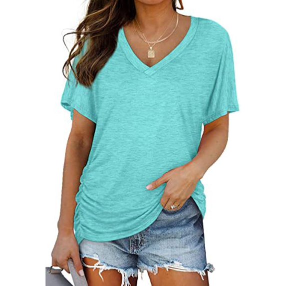 Promptanda Shirts for Women, Womens Short Sleeve V Neck Dolman Tops with Side Shirring Loose Fit Shirts
