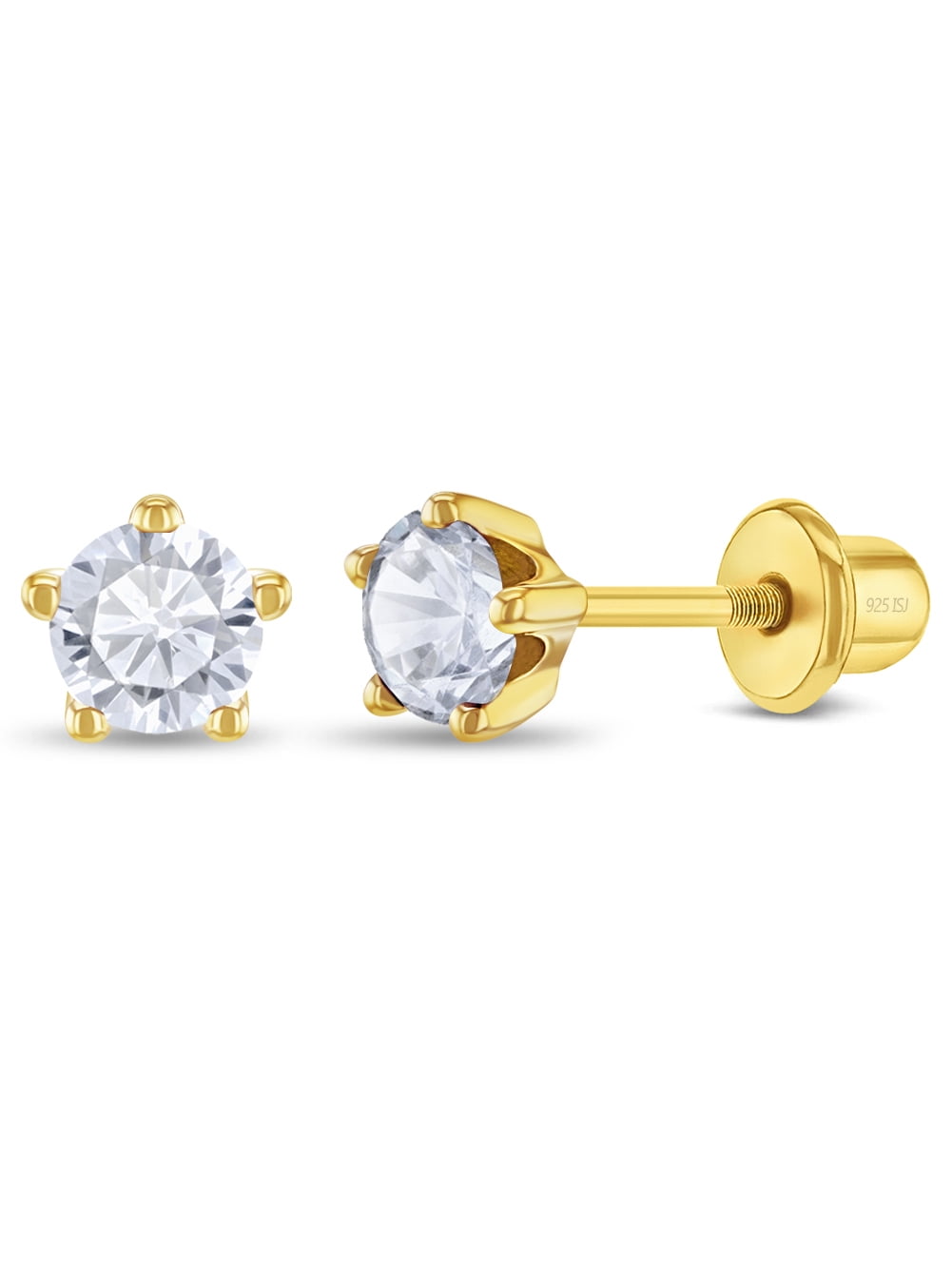 Prong CZ Clear Toddler / Kid Earrings Screw Back - Sterling Silver Gold Plated