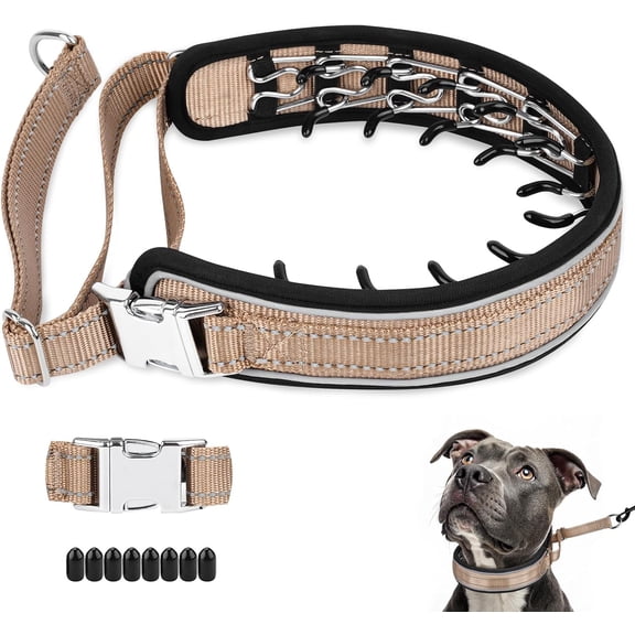 Prong Collar for Large Medium Dogs, Patented Reflective Pinch Collar with Metal Buckle, No Pull Adjustable Hidden Covered Dog Walking Training for Pitbull German Shepherd Doberman (Brown, XL)