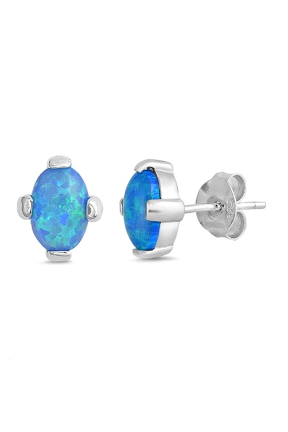 Prong Set Blue Synthetic Opal Oval Classic Earring Sterling Silver